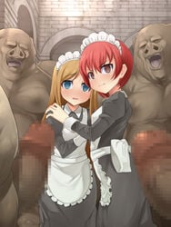 2girls blonde_hair blue_eyes censored female game_cg huge_cock imminent_rape kinoshita_(air_hike) maid mass_rape monster_rape orc orc_ni_maketa_kuni orc_ni_maketa_kuni_7 red_eyes red_hair righres spoils_of_war tagme