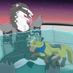 absurd_res animal_genitalia animal_penis anthro anthro_on_feral anthro_penetrating anthro_penetrating_feral anus asphyxiation badger balls big_balls blue_blush blue_markings blush breath_play bubble canid canine canine_genitalia canine_penis canis closed_eyes drowning duo erection evening fellatio feral feral_penetrated fully_submerged fur generation_8_pokemon genitals grey_body hand_on_head hi_res hot_tub jasper_(jasperazzi) kerchief long_tongue male male/male male_anthro male_feral mammal markings muscular muscular_anthro muscular_male mustelid musteline nintendo nipples obstagoon oral oral_penetration penetration penile penis pokemon pokemon_(species) puffed_cheeks red_sclera sex sitting size_difference sky star starry_sky swimming sylvertears tongue underwater underwater_blowjob water white_body white_fur wolf yellow_body yellow_fur zoophilia