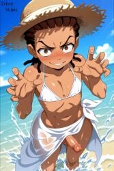 1boy ai_generated balls beach bikini_top blush brown_eyes brown_hair cornrows crossdressing crossdressing_male dark-skinned_femboy dark-skinned_male dark_skin erection femboy femboy_only girly hands_up looking_at_viewer male_only otoko_no_ko outdoors penis riley_freeman sarong self_upload standing standing_in_water straw_hat the_boondocks wet_skin zelum_vulpis
