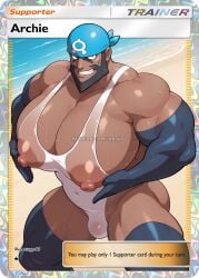 1boy ai_assisted ai_generated archie_(pokemon) bara bara_tiddies bara_tits barazoku big_areola big_nipples big_pecs big_pectorals dark-skinned_male elbow_gloves facial_hair haigure haigure_pose huge_pecs huge_pectorals large_pecs large_pectorals male male_breasts male_only mature_male muscular muscular_male one-piece_swimsuit osupp-ai pokemon pokemon_card pokemon_tcg_pocket public sweat swimsuit thick_thighs thighhighs voluptuous_male wet wet_body wet_clothes wet_skin