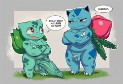 ai_generated anthro ball_size_difference balls big_balls big_penis blue_body blue_skin blush bulbasaur circumcised claws comparing crossed_arms dialogue duo elemental_creature ellipsis english_text erection fangs feet flaccid flora_fauna flower foreskin generation_1_pokemon genitals glans hellsonger hi_res humanoid_genitalia humanoid_penis ivysaur looking_at_another looking_away male male/male muscular nintendo nude partially_retracted_foreskin penis penis_humiliation penis_size_difference plant pokemon pokemon_(species) red_eyes retracted_foreskin scalie simple_background small_penis_humiliation smile speech_bubble standing text toes vein veiny_penis