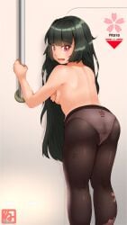 1girls ass back big_breasts black_hair blush breasts covering covering_breasts feet_out_of_frame female female_only girls'_frontline large_breasts long_hair looking_at_viewer looking_back mechabare neoyamah open_mouth panties panties_under_pantyhose pantyhose red_eyes sideboob topless type_100_(girls'_frontline) undressing walked_in_on