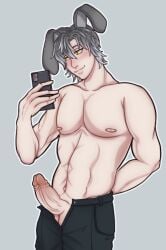 1boy black_pants bnvt bruneian bruneian_vtuber bunny_boy bunny_ears erect_penis erection girthy_penis grey_hair hand_behind_back holding_phone indie_virtual_youtuber indie_vtuber ipeedthefifth large_penis male male_focus male_only masculine_male moffless_(bnvt) muscular muscular_male pants pants_unzipped pecs penis selfie selfie_pose smiling solo unzipped unzipped_pants virtual_youtuber vtuber yellow_eyes