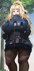 1girls bbambi big_breasts blonde_hair distortion_detective ezra_(distortion_detective) huge_breasts jacket korean_text limbus_company project_moon solo thick_thighs thighhighs
