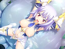 areolae arms_above_head arms_up blue_hair bondage breast_expansion breasts breasts_out goo monster nipples rape restrained slime slime_monster spread_legs sumisumi torn_clothes touchable