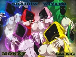big_breasts breast_squish breasts cloak female female_only glowing glowing_eyes group hand_sign hidden_face inverted_nipples mythios necklace nipple_piercing nipples peace_sign pubes ring shadow_wizard_money_gang small_breasts tagme text white_body