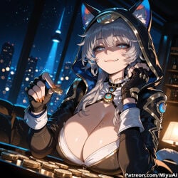 cipher_(honkai:_star_rail) honkai:_star_rail cat_ears cat_tail catgirl cat_girl animal_ears skin_fang grey_hair blue_eyes miyuai ai_generated ai_assisted thick_thighs thick_ass thick thick_legs thick_hips thick_butt wide_hips wide_thighs voluptuous voluptuous_female curvy curvy_figure curvaceous curvy_female female breasts uncensored patreon_reward rating:safe 1girl gloves fingerless_gloves hood solo goggles cleavage looking_at_viewer night smile large_breasts tail partly_fingerless_gloves black_hair black_gloves