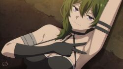 armpit_fetish armpit_focus armpits female frieren_beyond_journey's_end gloves green_hair looking_at_viewer one_arm_up presenting presenting_armpit purple_eyes seductive seductive_look seductive_pose smile smiling smiling_at_viewer smug smug_face solo sousou_no_frieren ubel_(sousou_no_frieren)