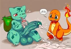 ai_generated anthro balls beverage big_balls big_penis blue_eyes blush bodily_fluids bulbasaur charmander claws cum cum_on_ground cum_string cumshot cute_fangs darkened_balls darkened_genitalia darkened_penis dialogue dripping duo ejaculation english_text erection fangs feral fire flaming_tail foreskin generation_1_pokemon genital_fluids genitals hellsonger hi_res huge_balls huge_cock humanoid_genitalia humanoid_penis hyper hyper_genitalia hyper_penis looking_at_genitalia looking_at_penis male nintendo nude one_eye_closed open_mouth orange_body orange_skin orgasm penis pokemon pokemon_(species) red_eyes retracted_foreskin scalie semi-anthro speech_bubble teeth text thick_penis tongue vein veiny_penis
