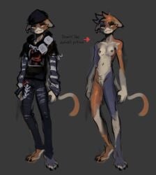 2025 4_toes anthro barefoot beanie biped black_beanie black_bottomwear black_claws black_clothing black_eyebrows black_hat black_headwear black_hoodie black_pants black_topwear blue_body blue_fur bottomwear breasts calico_cat cheek_tuft claws clothed clothed_anthro clothed_female clothed_to_nude clothing digital_media_(artwork) dipstick_tail directional_arrow domestic_cat ear_piercing ears_down english_text epic_games eyebrows eyeshadow facial_tuft feet felid feline felis female female_anthro fingers fish_hook fish_hook_piercing fortnite fully_clothed fully_clothed_anthro fully_clothed_female fur genitals grey_background hat headgear headwear hoodie hook innie_vulva long_sleeve_shirt long_sleeves looking_aside makeup mammal markings meow_skulls mouth_closed multicolored_body multicolored_fur multicolored_tail navel nipples nude nude_anthro nude_female orange_body orange_eyes orange_fur orange_tail orange_tail_tip pajamamcham pants pattern_clothing pattern_shirt pattern_topwear piercing pivoted_ears print_clothing print_hoodie print_topwear pubes shirt simple_background small_breasts solo standing striped_clothing striped_shirt striped_topwear stripes tail tail_markings text toe_claws toes topwear torn_bottomwear torn_clothing torn_pants tuft undershirt vulva white_body white_fur white_tail
