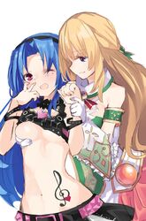 2girls 5pb_(neptunia) ;d bare_shoulders beauty_mark blonde_hair blue_eyes blue_hair blush breasts choker cleavage dress embarrassed eye_closed eye_contact eyebrows_visible_through_hair female_pervert gloves grabbing head_ornament headphones holding_breast long_hair looking_at_another medium_breasts mouth_open neptunia_(series) pink_eyes ribbon shirt shirt_up simple_background sketch smile stomach tattoo touching_breast vert white_background wink yuri