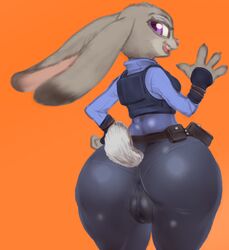 2018 anthro ass belt big_butt cameltoe clothed clothing dipstick_ears disney ears_down female hand_on_hip hoihoi huge_butt judy_hopps lagomorph looking_at_viewer looking_back mammal open_mouth open_smile pantylines pawtsun rabbit rear_view simple_background smile solo tight_clothing uniform white_background wide_hips zootopia