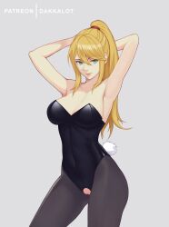 1girls absurd_res absurdres arms_behind_head arms_up artist_name big_breasts black_leotard blonde_hair blue_eyes bunny_girl bunny_tail bunnysuit crotch_cutout dakkalot exposed_pussy female female_only leotard long_hair looking_at_viewer metroid nintendo pantyhose patreon ponytail samus_aran simple_background solo source_request strapless strapless_leotard wide_hips