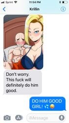 1girls acelewdarts alternate_version_available android_18 blonde_hair blue_eyes cleavage curvy dragon_ball erect_nipples female huge_areolae huge_breasts krillin kuririn puffy_nipples short_hair thick_lips voluptuous