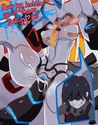 cheating cuckold darling_in_the_franxx ejaculation hiro_(darling_in_the_franxx) klaxosaur lightsource netorare open_mouth ouch pinned pussy smile strelizia tentacle