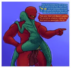 alien all_tomorrows animal_genitalia ass balls big_balls big_penis bigger_male bodily_fluids border cloaca cloaca_juice cloacal cloacal_penetration cock dialogue dick duo english_text faceless_character faceless_male female genital_fluids genitals green_body green_scales green_skin homophobia hug huge_cock human humanoid lizard lizard_humanoid lizardman male mammal md34 monster muscular muscular_male offscreen_character penetration penis personification red_body reptile saurosapient scales scalie sex shaking skinsuit smaller_female smile spiked_tail spikes spikes_(anatomy) tail tails talking teeth testicles text thick_penis tight_clothing torn_clothing trembling white_border yellow_teeth