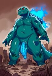 ai_generated anthro balls building bulbasaur city claws destruction erection fire fusion generation_1_pokemon genitals godzilla godzilla_(series) hellsonger hi_res humanoid_genitalia humanoid_penis kaiju macro male nintendo nude overweight penis pokemon pokemon_(species) red_eyes reptile scalie slightly_chubby solo standing