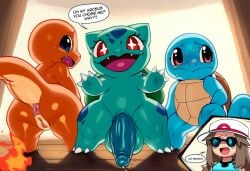 ai_generated anus ass bald balls blue_body blue_skin blush bodily_fluids bulbasaur charmander dialogue english_text erection eyewear female femboy feral fire flaming_tail gay gay_anal gay_male gay_sex generation_1_pokemon genital_fluids genitals group hellsonger hi_res homosexual homosexual_male homosexual_sex human imminent_sex looking_back male male/female male/male male_penetrating malebmale_penetrated mammal nintendo nude open_mouth orange_body orange_skin penis pokemon pokemon_(species) precum presenting presenting_hindquarters pussy red_eyes reptile scalie semi-anthro shell speech_bubble squirtle starter_trio sweat text turtle_shell_bra