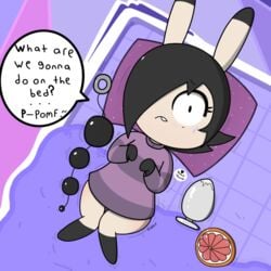 anal_beads anthro bed black_hair bottomless buttplug clothed clothing dumbun female grapefruit hair hi_res lagomorph lying mammal mykendyke on_back on_bed pillow pomf rabbit sex_toy shirt solo sweat