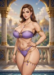 1girls ai_generated armlet armpit_crease balcony bandeau bangle belly_button bikini blurry_background brunette_hair earrings eyelashes female forehead_jewel grok hair_ornament hair_over_shoulder hand_on_hip harem_jewelry large_breasts lipstick long_hair loose_hair luxury midriff milf necklace one_hand_on_hip palace pelvic_line pillar purple_clothing rgomez007 seductive_look self_upload smiling_at_viewer solo_female standing thick_lips thick_outline thick_thighs thighlet waist_chain warm_colors warm_lighting wide_hips