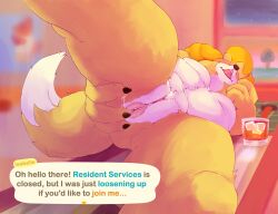 4_fingers absurd_res alcohol animal_crossing anthro anus anus_focus beverage black_nose bodily_fluids breasts canid canine canis chest_tuft claws detailed_background dialogue_box domestic_dog dripping erect_nipples female finger_claws fingers fur genital_fluids genitals hair_up hakataku_art hi_res ice ice_cube imminent_sex inviting inviting_to_sex inviting_viewer isabelle_(animal_crossing) lying lying_on_desk mammal nintendo nipples nude office on_side perspective presenting shih_tzu solo spread_anus spread_legs spreading sunset teeth tongue tongue_out toy_dog tuft vaginal_fluid_drip vaginal_fluids vaginal_fluids_on_hand vulva wet whiskey yellow_body yellow_fur