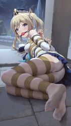 1girls arms_behind_back ball_gag barbara_(genshin_impact) blonde_hair blue_eyes blush bondage breasts drill_hair foot_fetish foot_focus fully_clothed gag gagged genshin_impact hat himitsu medium_breasts panties_under_pantyhose pantyhose rope rope_bondage saliva source_request twintails
