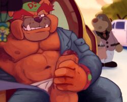 2018 anthro balls beanie black_nose body_hair bulldog canine clothed clothing detailed_background digital_media_(artwork) dribble_(warioware) erection eyebrows fur happy_trail hat humanoid_penis inside_car male male_only mammal mario_(series) masturbation muscular muscular_male navel nipples one_eye_closed orange_fur outside partially_clothed pecs penile_masturbation penis pubes public seductive sitting sky smile solo_focus spectral-bat stubble sunset teeth tree tusks uncut underwear vehicle video_games warioware wink