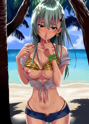 beach bikini bikini_lift bikini_top bikini_top_lift blush breasts brown_eyes cleavage clothing collarbone day earrings female finger_to_mouth green_hair hair_between_eyes index_finger_raised jewelry kantai_collection large_breasts long_hair looking_at_viewer nipples ocean plaid plaid_bikini shadow shirt shushing simon_(n.s_craft) solo suzuya_(kantai_collection) swimsuit tree underwear wide_hips