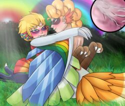 1boy 1girls alternate_species animal_humanoid avian avian_humanoid blonde_hair blue_eyes blue_feathers blush clothed clothing crossover cum cum_inside digital_media_(artwork) double_rainbow duo dyna_blade_(kirby) dyna_blade_(species) feathers female grass green_feathers hair hi_res ho-oh humanoid humanoidized interspecies kirby kirby_(series) legendary_pokémon male nintendo original_character outdoors penetration penis pokémon_(species) pokemon pokemon_gsc rainbow red_eyes red_feathers sex smile tail video_games white_feathers winged_arms wings yellow_feathers yoshimister