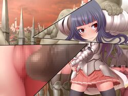 3girls angry armor blue_hair blush breasts castle censored female imminent_penetration imminent_rape kinoshita_(air_hike) large_breasts legs long_hair looking_away mass_rape monster multiple_girls no_panties orc orc_male orc_ni_maketa_kuni orc_ni_maketa_kuni_5 penis pussy red_eyes skirt spoils_of_war standing sweat sword thighhighs thighs weapon