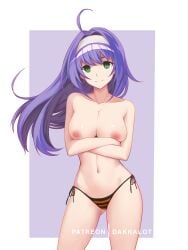 bikini bikini_bottom_only black_bikini crossed_arms dakkalot fire_emblem fire_emblem:_path_of_radiance fire_emblem:_radiant_dawn green_eyes large_breasts mia_(fire_emblem) navel nipples purple_hair wide_hips