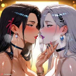 2female 2girls ai_generated amber_eyes bedroom black_hair blue_eyes blush blush_lines blushing_at_partner blushing_profusely bracelet changedlater chin_grab choker close-up curvy dark-skinned_female dark_skin ear_blush earrings eyeliner female/female freckles glistening hair_ornament hair_ribbon holding_chin imminent_kiss large_ass large_breasts lesbian_couple lipstick long_eyelashes long_hair looking_at_partner loving_couple loving_gaze makeup multicolored_nails musk musk_clouds naked naked_female narrow_waist pale-skinned_female pale_skin plump_lips purple_lipstick red_lipstick shiny_skin sitting_together smile sparkles steaming_body steamy_breath straight_hair sweat sweatdrop sweaty thick_thighs white_hair wide_hips yuri