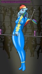 anthro bondage bound clothing female friendship_is_magic hi_res mostlymlpanthroporn my_little_pony nude rainbow_dash_(mlp) rubber smooth_skin uniform wonderbolt