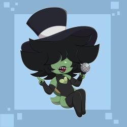 black_hair black_lipstick blue_background cherrylimeyt chibi chibi_style cute fanart fanart_from_twitter femboy fluffy_hair green_skin hair_covering_eyes heart_cutout heart_cutout_leotard leotard microphone sharp_teeth silly simple_background tail thighhighs tophat tophat_turtle turtle turtle_(tophat_turtle) turtle_shell