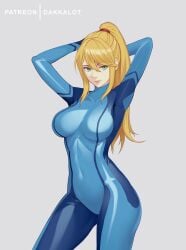 1girls absurd_res absurdres arms_behind_head arms_up artist_name big_breasts blonde_hair blue_eyes bodysuit clothed dakkalot female female_only long_hair looking_at_viewer metroid nintendo patreon ponytail samus_aran simple_background solo source_request standing tight_clothing tight_fit wide_hips zero_suit zero_suit_samus