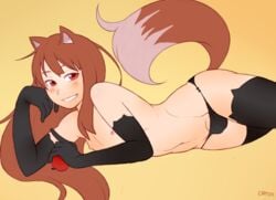 2018 animal_humanoid animal_tail armwear balls_in_panties blush bulge canine clothing dross elbow_gloves erect_nipples girly gloves grin hair holding_object holo humanoid leggings legwear looking_at_viewer lying male mammal navel nipples panties pawtsun penis penis_base rule_63 simple_background smile solo solo_male spice_and_wolf stockings underwear white_background wolf_humanoid wolf_tail