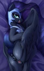 2026 alicorn animal_genitalia animal_vulva anus bedding bedding_background blue_eyes czu dock_(anatomy) equid equine equine_anus equine_genitalia equine_vulva fangs feathered_wings feathers female feral friendship_is_magic genitals hasbro hi_res horn looking_at_viewer mammal my_little_pony mythological_creature mythological_equine mythology nightmare_moon_(mlp) open_mouth presenting presenting_vulva solo spread_vulva spreading tail teeth vulva wings
