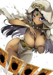 bare_shoulders between_breasts black_hair blue_eyes breasts capelet card cleavage cloak dark-skinned_female dark_skin egyptian female forehead_jewel gem grabbing_own_breast groin highleg highleg_panties hips hood hyocorou isis_ishtar jewelry large_breasts leaning_forward long_hair pantsu sand simple_background solo underwear white_background wide_sleeves yu-gi-oh! yu-gi-oh!_duel_monsters