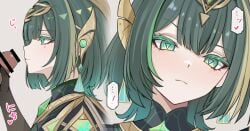 1boy bar_censor black_gloves censored closed_mouth commentary_request dark-skinned_male female frown genshin_impact gloves grabbing_another's_penis green_eyes green_hair headpiece imminent_fellatio looking_at_viewer mole mole_under_eye multiple_views nefer_(genshin_impact) penis se34tai short_hair simple_background speech_bubble straight symbol-shaped_pupils translation_request triangle-shaped_pupils