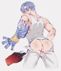 pterudactilo very_high_resolution white_background 2026 panty_&_stocking_with_garterbelt new_panty_&_stocking_with_garterbelt polyester_(psg) 1boy male male_only solo rear_view blue_hair red_eyes blush looking_at_viewer looking_back hair_over_one_eye ass anus backsack balls chastity_cage ripped_clothing