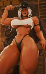 1girls abs barely_clothed barely_contained_breasts barely_visible_pussy blush breasts brown_hair check_character check_copyright collar cowboy_hat cowgirl cowgirl_hat cowgirl_outfit female female_abs female_focus female_only flexing flexing_arm flexing_bicep g-string green_eyes heart-shaped_pupils hi_res highres huge_thighs large_breasts leaning_back long_hair marvel marvel_rivals muscle_mommy muscles muscular muscular_arms muscular_female muscular_thighs nose_ring rogue_(marvel_rivals) rogue_(x-men) sfrinzy slim_waist solo solo_female tagme thick_thighs toned_body topwear two-tone_hair very_long_hair white_hair