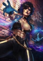 abs absolute_dc absolute_wonder_woman absolute_zatanna absurdres black_bra black_lips black_pants blue_gloves bra breasts brick_wall curly_hair dc_comics female fishnet_top fishnets gloves glowing_hands graffiti highres large_breasts leather leather_pants looking_at_viewer monorirogue muscular muscular_female pants short_hair shoulder_spikes solo spiked_jacket spikes thick_thighs underwear zatanna zatanna_zatara