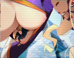 1boy aircraft animated axe blonde_hair blue_bodysuit bodysuit boku_no_hero_academia breasts building city cleavage cleavage_cutout closed_eyes clothing_cutout cloud curly_hair drill_hair evening eye_mask female giant giantess gloves helicopter horns jumping kamui_woods khyle. khyleri long_hair mask medium_breasts meme mount_lady my_hero_academia open_mouth orange_sky outdoors purple_gloves purple_horns size_difference sky superhero_costume tagme teeth upper_teeth_only v video yuu_takeyama