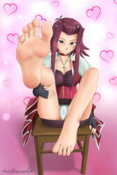 akiza_izinski barefoot brown_eyes feet feet_up izayoi_aki katzueki looking_at_viewer one_leg_up pov pov_feet red_hair sitting smile soles toes yu-gi-oh! yu-gi-oh!_5d's