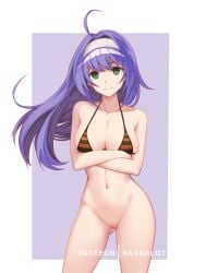 bikini bikini_top_only black_bikini crossed_arms dakkalot fire_emblem fire_emblem:_path_of_radiance fire_emblem:_radiant_dawn green_eyes large_breasts mia_(fire_emblem) navel purple_hair pussy wide_hips