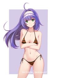 bikini black_bikini crossed_arms dakkalot fire_emblem fire_emblem:_path_of_radiance fire_emblem:_radiant_dawn green_eyes large_breasts mia_(fire_emblem) navel purple_hair swimsuit wide_hips