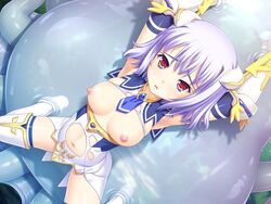 areolae arms_above_head arms_up blue_hair bondage breasts breasts_out goo monster nipples rape restrained slime slime_monster spread_legs sumisumi torn_clothes touchable