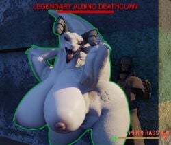 anthro areola ass big big_areola big_butt big_nipples big_tail blue_eyes breasts cleavage_cutout clothing colorful_body cutout deathclaw enclaveremant exposed_breasts fallout fallout_(series) female glistening gloves gun handwear horn huge_breasts human mommyclaw_(vulgarvictor) nipples ranged_weapon scalie sharp_tail shoulder_guards standing tail thick_thighs