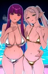 2d 2girls ai_generated bangs big_breasts bikini breath cleavage dripping elf elf_ears elf_female eye_contact eyeliner female_focus female_only fern_(sousou_no_frieren) flat_chest frieren green_eyes hoshino_akarii hourglass_figure human_female large_breasts licking_lips long_hair looking_at_viewer mascara micro_bikini narrow_waist pale-skinned_female pale_skin pointy_ears pool purple_eyes purple_hair seductive seductive_look skinny slender_waist slim_waist small_breasts sousou_no_frieren thigh_gap tongue visible_breath wet