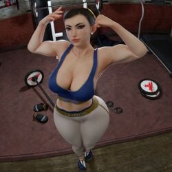 1girls 3d absurd_res belly_button big_breasts boxing_gloves breasts brown_eyes capcom chun-li earrings exercise_equipment female female_only flexing flexing_bicep gym hair_bun hair_tie jewelry lipstick maiden-masher midriff pussy pussy_lips sneakers solo solo_focus sports_bra street_fighter thick_thighs thighs vagina wide_hips yoga_pants